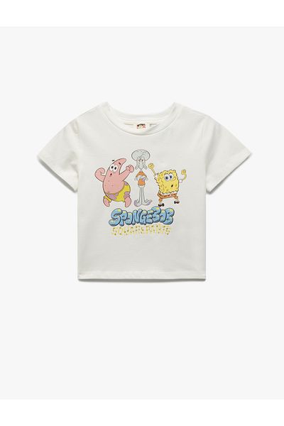 Koton Licensed Spongebob Printed Short Sleeve Crew Neck Cotton Crop T-Shirt