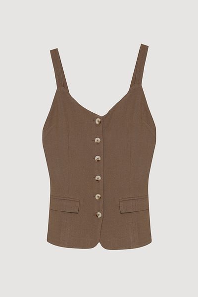 Quzu Buttoned Strappy Linen Blouse with Pocket Flaps - Brown