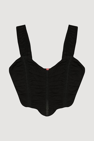 Quzu Black Lace Detail Draped Crop Blouse