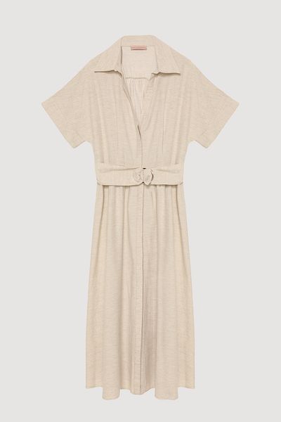 Quzu Rochie midi din in cu centura cu rever - camasa naturala