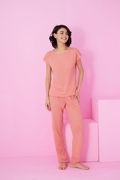 Siyah İnci Salmon Soft Touch Thin Seasonal Lace Detailed Knitted Pajama Set7864