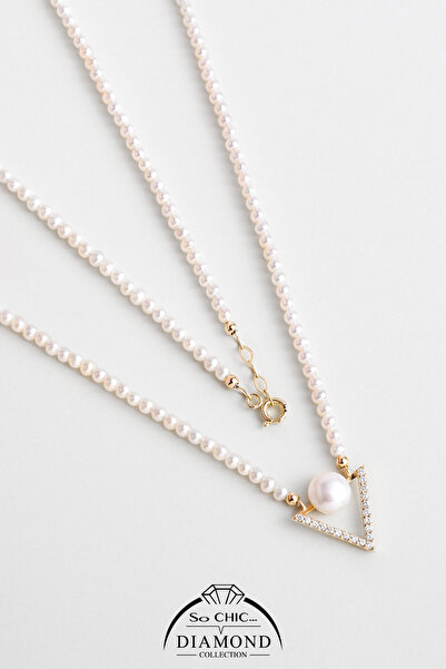 So CHIC... Diamond Collection 14 K Sarı Altın 0.19 Karat Pırlanta Doğal Inci Kolye