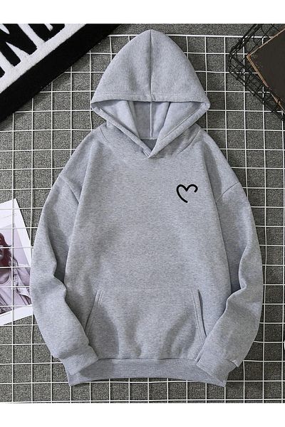 DUBU BUTİK Φούτερ Half Heart - Γκρι εμπριμέ κουκούλα oversize
