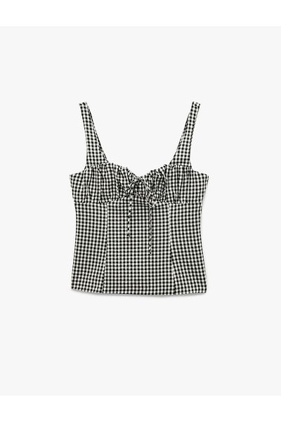 Koton Lined Gingham Gathered Bow Detailed Heart Neck Strap Blouse