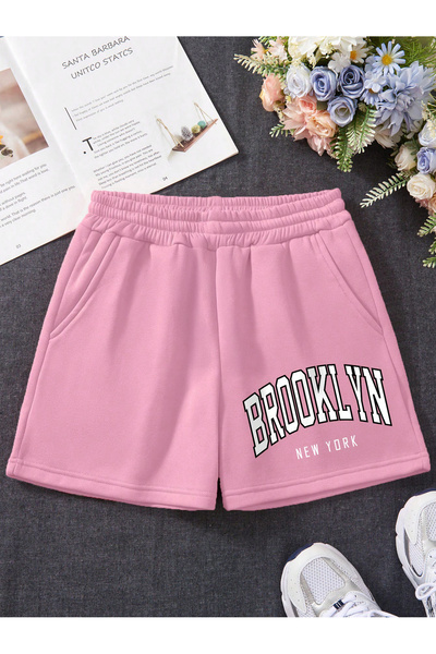 coolart Pembe Brooklyn Ny Penye Kısa Şort - Baskılı Yüksek Bel Örme Cepli Kadın