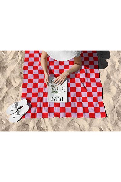 ASDİVA Red-Pink Square Pattern Digital Printed Beach Towel 75X150