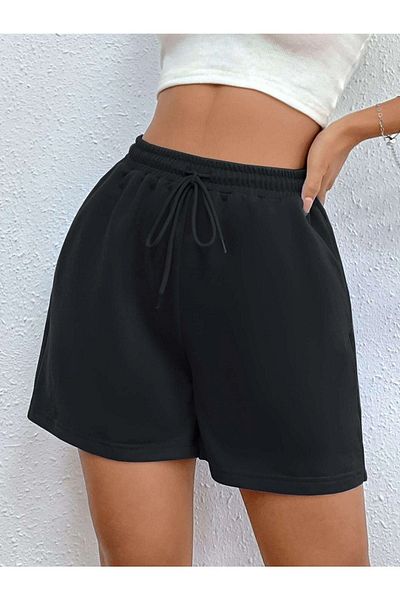 CLAYES Pantaloni scurți negri de bază - Bumbac pieptănat, neimprimat, cu cordon