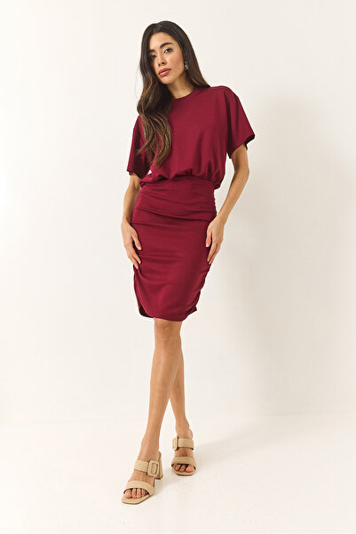 Bianco Lucci Kadın Bisiklet Yaka Kısa Kollu Büzgü Detaylı Modal Basic Esnek Örme Elbise 60284036