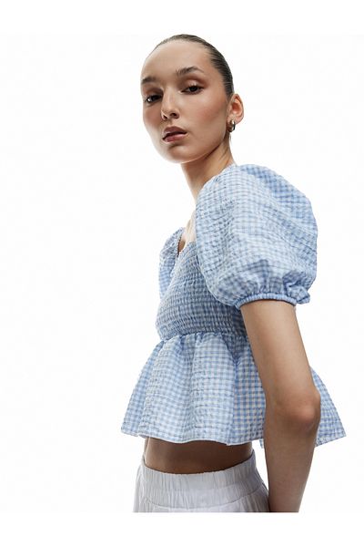 Koton Βάρκα λαιμόκοψη Gipeli Κοντό μανίκι μπαλόνι Gingham Slim Crop Μπλούζα