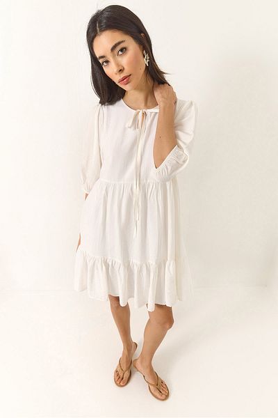 Bianco Lucci Women's Elastic Sleeve Collar Tie Lined Short Dress 5500 60281034