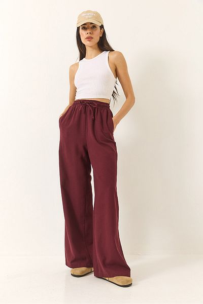 Bianco Lucci Pantaloni de jogging largi, din in, cu buzunare, cu detaliu de cravată, pentru femei, 3235 60281035