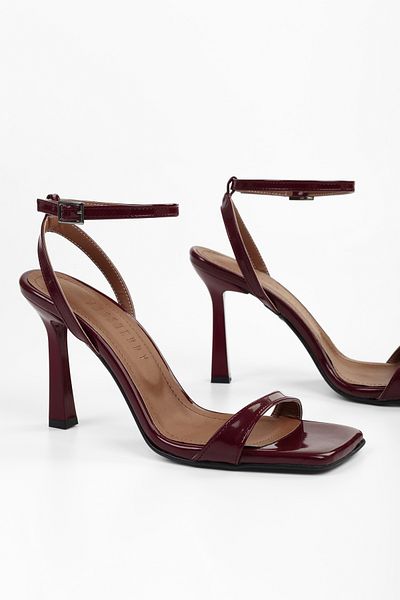 Shoeberry Women's Zerra Burgundy Patent Leather Single Strap Heeled Shoes