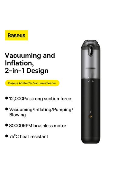 Baseus A3 Lite Car Vacuum Cleaner 3-in-1 12000pa Cordless Air Blower, Inflator & Pump - Black