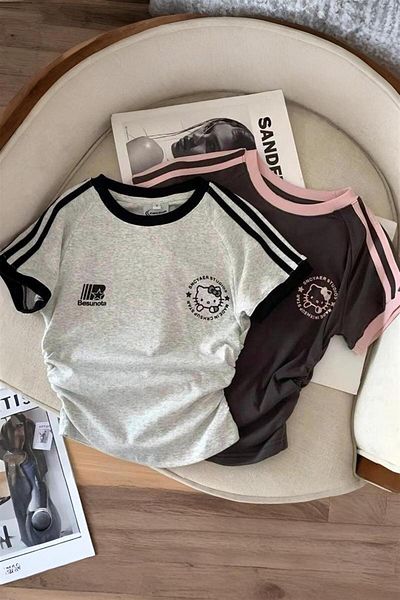 Karakedi Smoked Hello Kitty Sports Pink Stripe Y2K Short Sleeve Crop