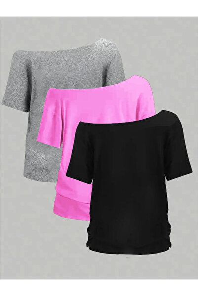 MANCY طقم تي شيرت نسائي مقاس كبير بدون أكتاف ورقبة قارب مكون من 3 قطع