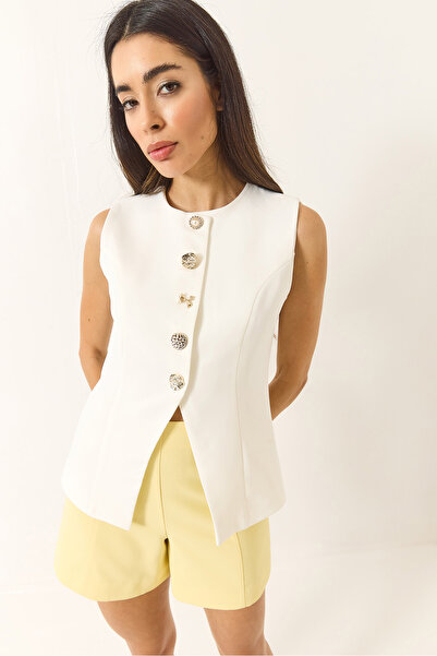 Bianco Lucci Дамски елек с кръгло деколте и златни копчета, подплатен с обикновена подплата, 9005 60283150