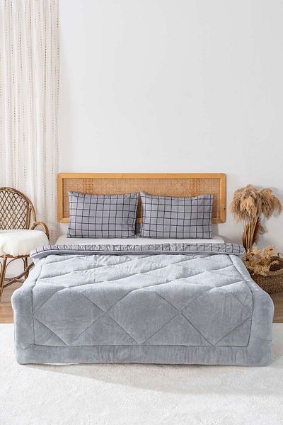 Riva Gray Checkered Loura Single Double Sided Luxury Wellsoft Quilt Set 155X215 cm