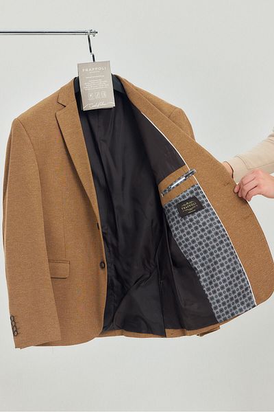 Frappoli Μπουφάν Camel Cotton Blended Slim Fit Blazer - Savue Ανδρικό Plus Size - Battal