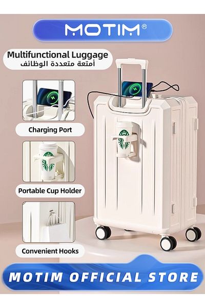 MOTIM Travel Luggage with USB and Type-C Port & Cup Holder & Phone Holder Side Hidden Hook 20 inch