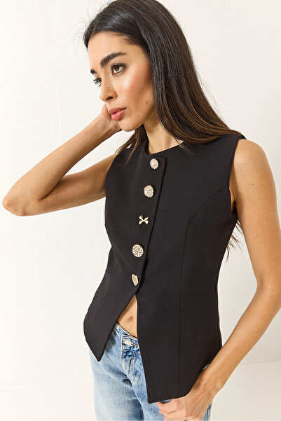 Bianco Lucci Women's Regular Bisilet Collar Gold Button Detailed Lined Woven Vest 9005 60283150