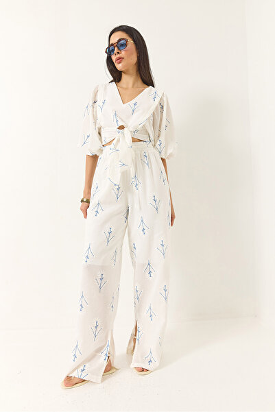 Bianco Lucci Bluză de damă cu broderie și pantaloni căptușiți din in 60283200   Set de jos-sus