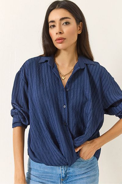 Bianco Lucci Women's Gather Detailed Jacquard Stripe Detailed V-Neck Casual Shirt 60283202