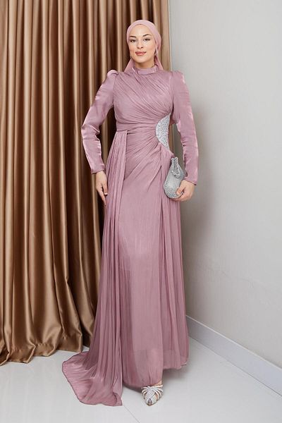 Olcay Kamenný pas a detailem stahovací šňůrky Yoryo Silk Hijab Večerní šaty ROSE 1233