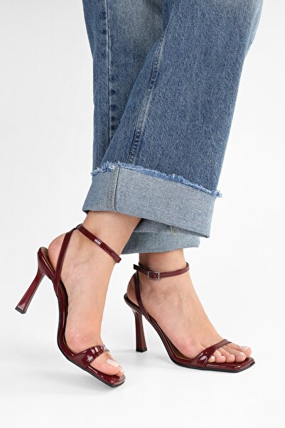 Shoeberry Women's Zerra Burgundy Patent Leather Single Strap Heeled Shoes