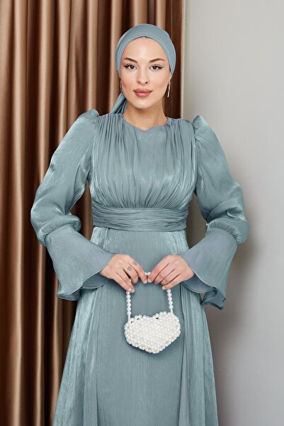 Olcay Silk Hijab Evening Dress - Cape Skirt, Green