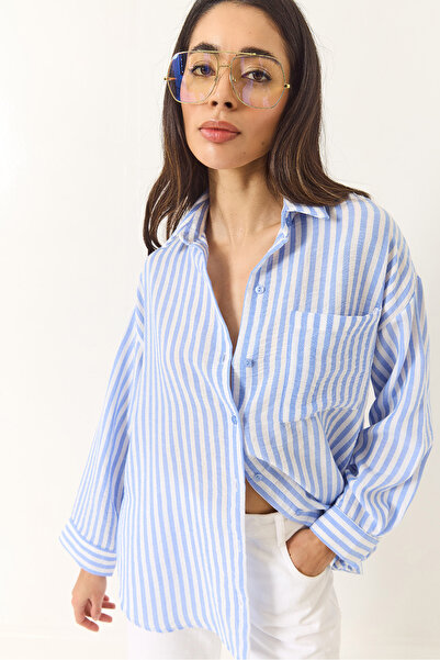 Bianco Lucci Kadın Çizgili Tek Cep Detaylı Oversize Dokuma Gömlek 2069 60283203