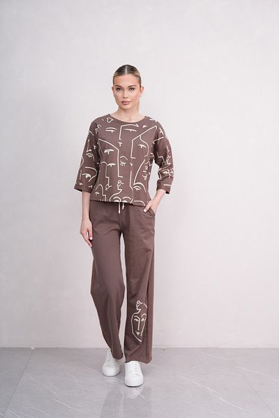 PONÇİK Women's Cotton Combed Cotton Trouser Suit Summer with Pocket Half Sleeve 23066 Brown