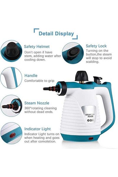 COOYA 9-piece handheld steam cleaner set, 350 ml,1050W, fast heating, deep cleaning, with safety lock,blue