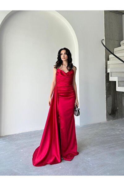Serica Moda Kırmızı Straplez Drapeli Saten Abiye Elbise