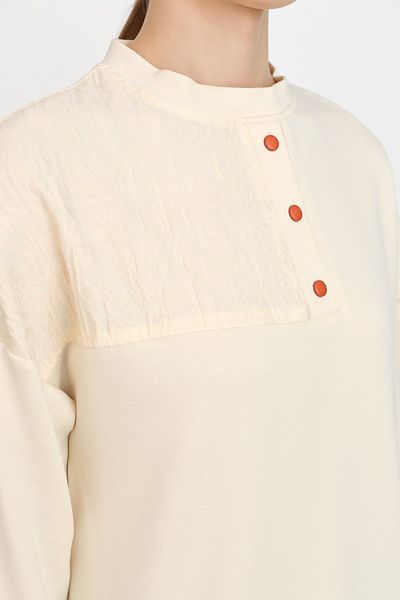 Nihan Rib Detailed Fabric Garnished Sweat Cream