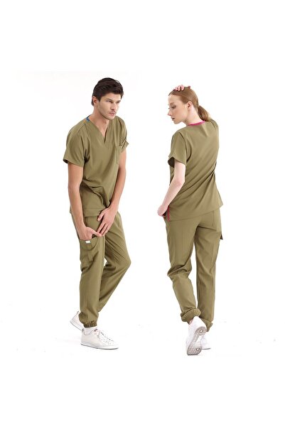 ÇİZGİ MEDİKAL HAKİ YEŞİLİ Jogger Scrubs Lüks Likralı Greys Takım