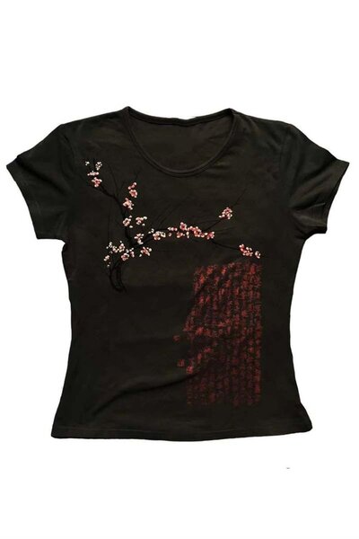Karakedi Crop cu mânecă scurtă cu copac Sakura japonez negru
