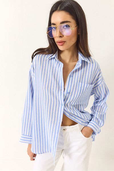 Bianco Lucci Koszula damska w paski, oversize, z jedną kieszenią, tkana, 2069 60283203