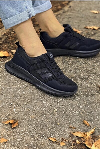 BİKAJOO Unisex Siyah İki Bant Günlük Fileli Rahat Spor Ayakkabı BKJ4002