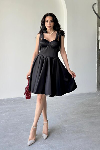 Serica Moda Μαύρο Bustier Λεπτομερές Σατέν Βραδινό Φόρεμα με λουράκι