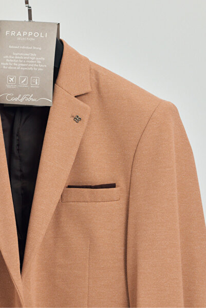 Frappoli Savue Erkek Bej Pamuk Karışımlı Esneyen Kumaş Slim Fit Blazer Ceket (Büyük Beden - Battal)
