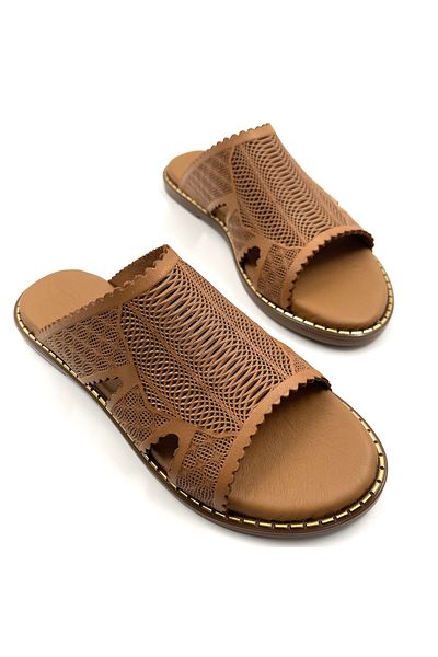 Lizizu Tan Genuine Leather Perforated Printed Heelless Flat Sole Women's Slippers