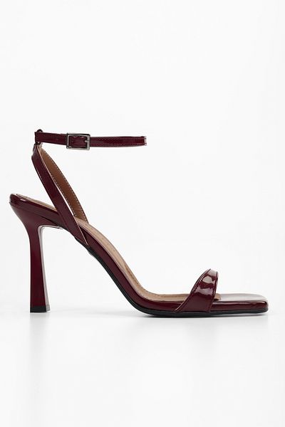 Shoeberry Women's Zerra Burgundy Patent Leather Single Strap Heeled Shoes