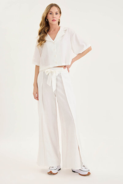 Vitrin Beli Bağlamalı Krinkıl Kumaş Dökümlü Pantolon