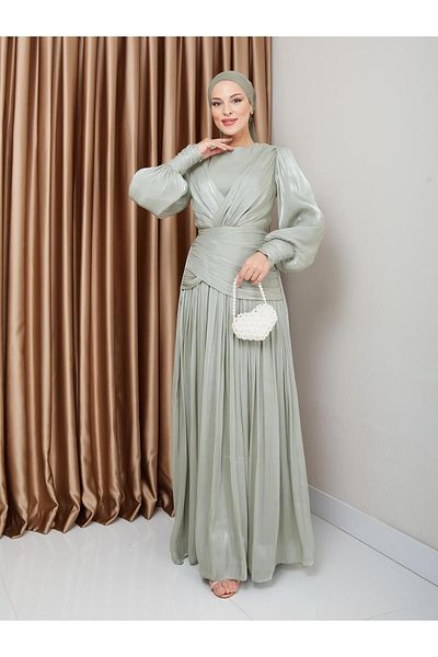 Olcay Hellgrüne Hijab-Abendkleider aus Kristall-Chiffon mit Volant- und Faltenverzierung 1230