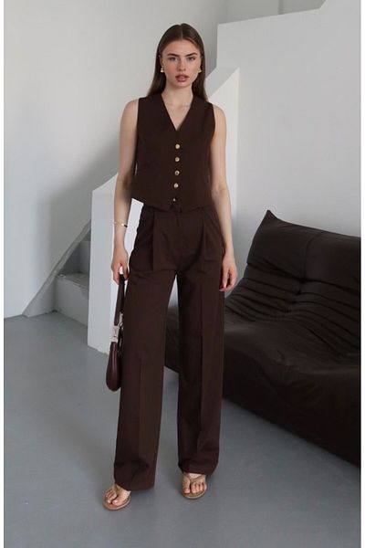 Laluvia Brown Gold Button Polyviscon Fabric Vest Suit - 0375