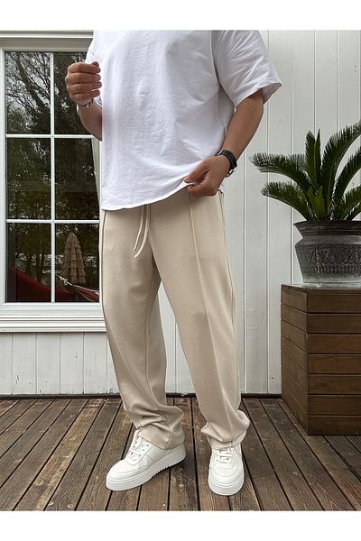 BYBASICMAN Beige Stitched Lycra Pipe Leg Sweatpants Ke-7012