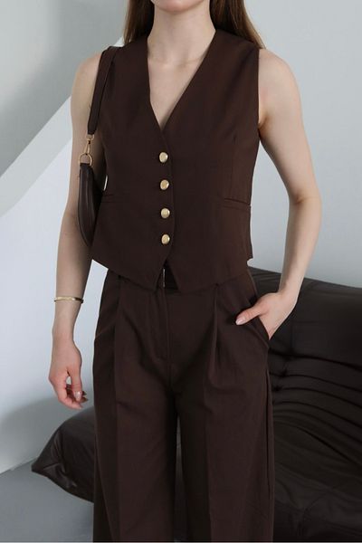 Laluvia Brown Gold Button Polyviscon Fabric Vest Suit - 0375