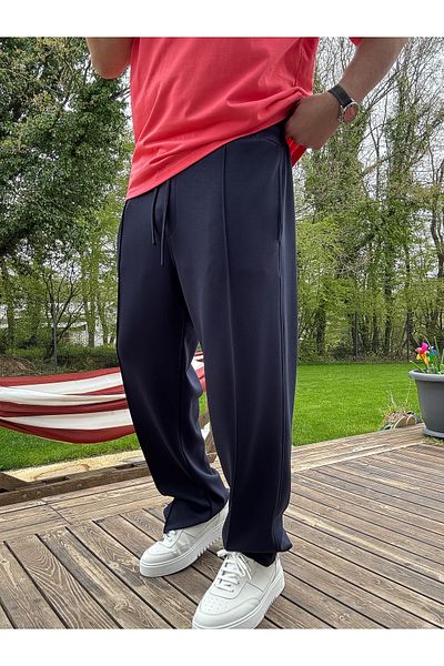 BYBASICMAN Navy Blue Stitched Lycra Pipe Leg Sweatpants Ke-7012