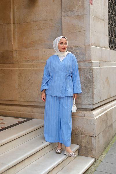 LOCCO Blue Women's Almond Stitched Kimono Set