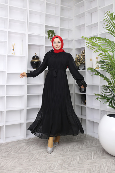 CYM Butik Μαύρο πλισέ σιφόν φόρεμα Hijab